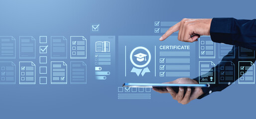 Digital certification concept with touchscreen interface and checklist icons on blue.
