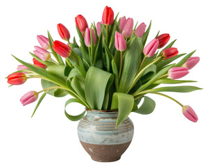 Tulips in a vase with red and pink blooms and green leaves against a black background in a studio shot