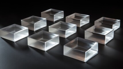 Obraz premium Transparent geometric shapes arranged on a dark background surface