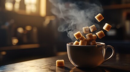 Steaming Coffee, Sugar Cubes Falling, Kitchen, Warm Lighting