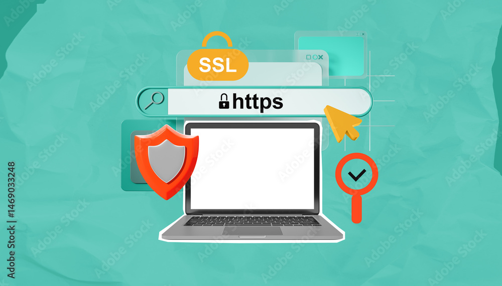 Poster ssl security and https protection concept with laptop and shield icon on teal background.