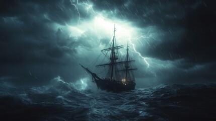 Fototapeta premium A dark ship sails through wild waves under a stormy sky with flashes of lightning illuminating the scene.