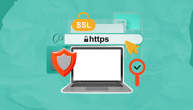 SSL security and HTTPS protection concept with laptop and shield icon on teal background.