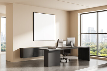 Modern minimalist office interior with large desk, chair, and computer beside panoramic windows overlooking cityscape in daylight. 3D Rendering. 3D Rendering