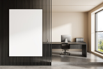 Naklejka na ściany i meble Modern office interior with computer desk, vertical slats and blank poster on wall, bright window view and minimal workspace concept. 3D Rendering