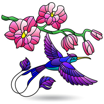 Illustration in the style of stained glass with hummingbird bird and orchid flowers, animal isolated on a white background