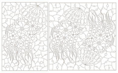 Fototapeta premium A set of contour illustrations in the style of a stained glass window with jellyfish, dark contours on a white background
