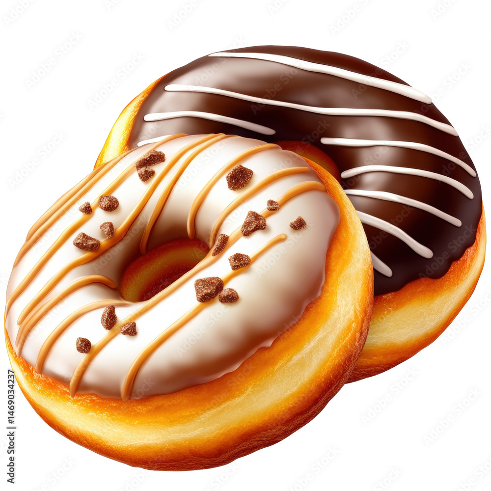 Poster two indulgent donuts topped with chocolate and nuts displaying a tempting treat for sweet lovers on 