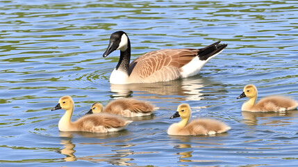 Obraz premium Cute canadian geese, family with newborn baby goslings swimming in the water