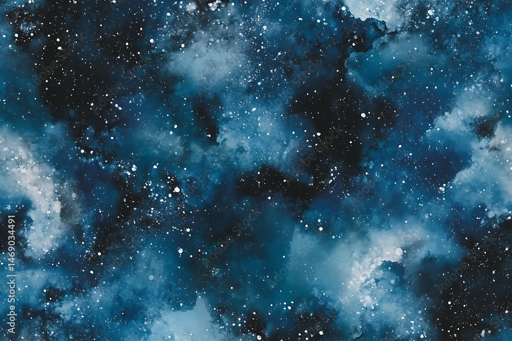 Poster tiling background of soft nebula clouds in navy, cyan, and black, speckled with tiny shimmering star