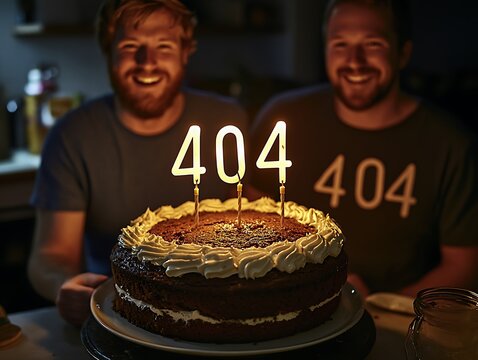 Two men celebrating a birthday with a cake featuring error code candles.