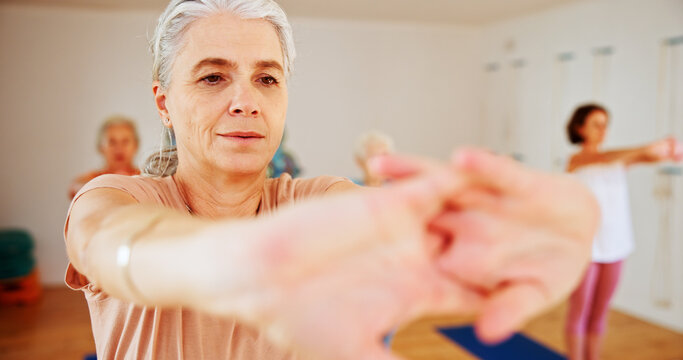 Senior woman, stretching and instructor in yoga class for fitness, exercise and community for wellness. Elderly person, teaching and pilates for spiritual healing, balance and group at health club