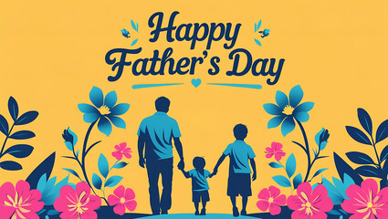 Bright and Cheerful Father's Day Graphic with Yellow Background, Father and Child Silhouettes, and Floral Elements