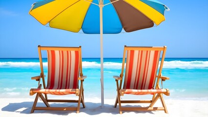 Colorful Umbrella and Chairs On Peaceful Coastal Beach

