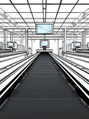 Empty conveyor belt with monitor. Vector outline illustration