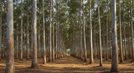 Captivating perspective through a symmetrical eucalyptus tree plantation landscape