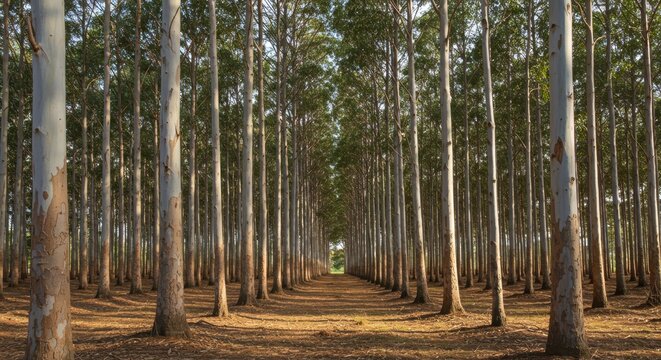 Captivating perspective through a symmetrical eucalyptus tree plantation landscape