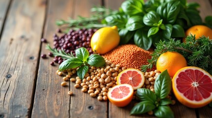 Assorted fresh fruits displayed on wooden background