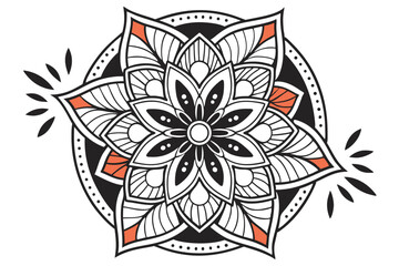 Fototapeta premium 189 black and white floral mandala, intricate detailed geometric patterns, vibrant orange accents, abstract symmetry, minimalist,stylized,digital art