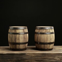 Obraz premium Two wooden barrels on rustic table, dark background