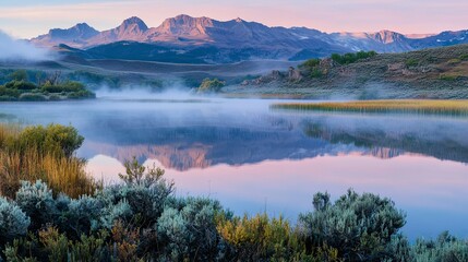 Beautiful lake with mountains in the background. The water is calm and still