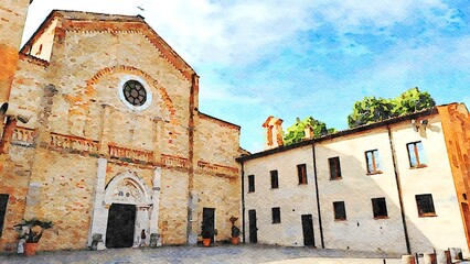 The square and the facade of one of the churches of Pesaro in Italy.