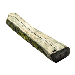 Fototapeta premium A weathered wooden log covered in green moss, resting on a clean white background, ideal for nature-themed projects or rustic decor inspirations