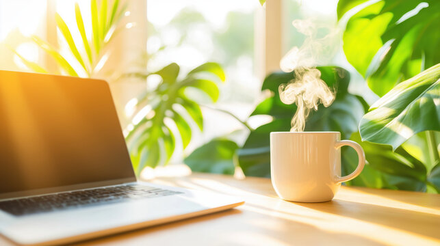 Remote workspace design featuring a laptop and a steaming cup of coffee surrounded by greenery for a productive environment - Powered by Adobe