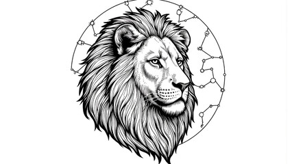Elegante schwarz-weiße Strichzeichnung des Sternbilds Löwe überlagert ein stilisiertes Löwengesicht mit kräftigen Konturlinien und astrologischen Schnörkeln. KI Generated