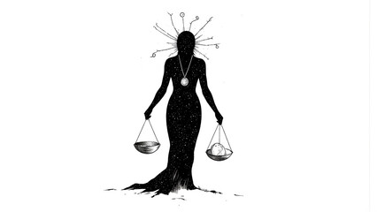 Schwarze Tintenskizze einer geheimnisvollen weiblichen Figur, die kosmische Schuppen hält, über ihrem Kopf ist das Sternbild Waage sichtbar, minimalistisch und doch symbolisch. KI Generated
