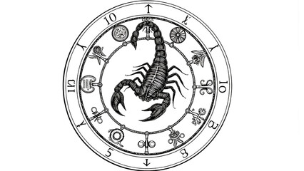 Sternzeichen Skorpion in stilisierter schwarzer Strichzeichnung, wobei der Schwanz eine Spirale um alte astrologische Symbole bildet. KI Generated