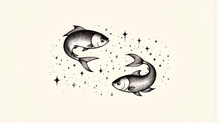 Sternzeichen Fische in eleganten Tintenstrichen dargestellt, zwei gespiegelte Fische, verbunden durch ein kosmisches Band aus Sternen, minimalistisch und doch ausdrucksstark. KI Generated