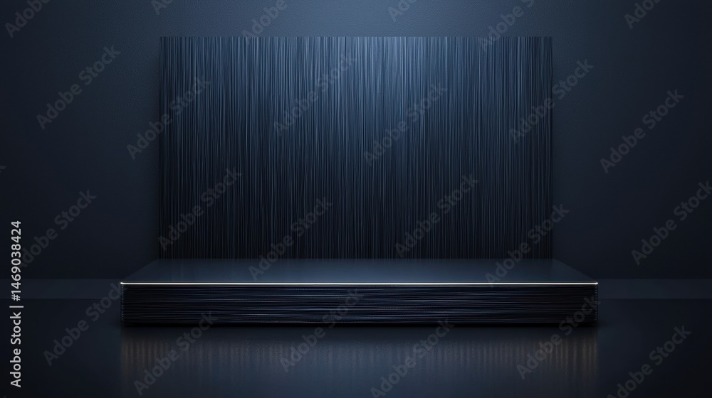 Poster a dark blue wall with a textured surface and a rectangular platform in the center.
