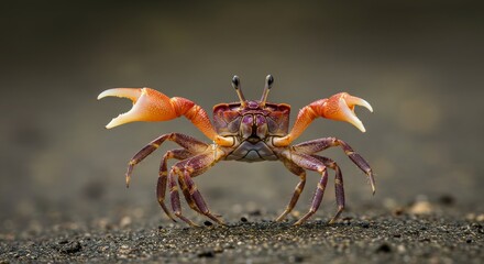 Intriguing portrait of a vibrant fiddler crab standing on grainy shore