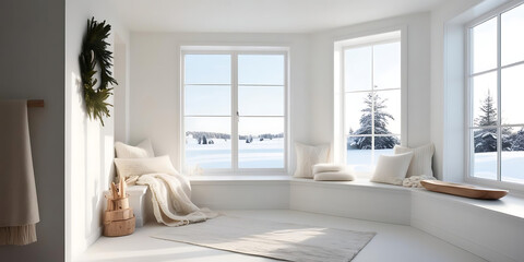 Bright, minimalist winter room with large windows, snow-covered landscape outside, cozy seating, and neutral decor.