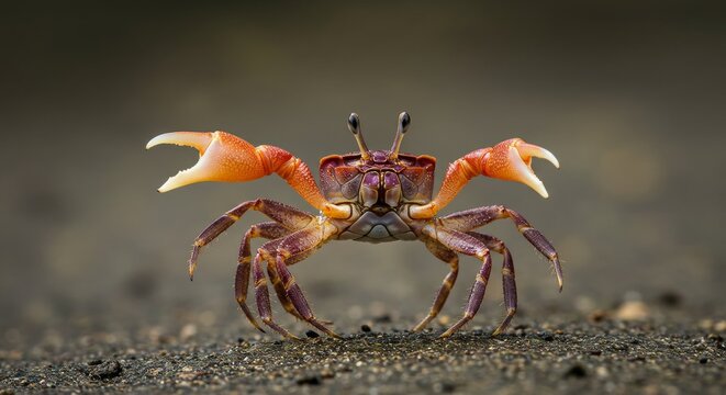 Intriguing portrait of a vibrant fiddler crab standing on grainy shore