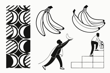 191 banana,black and white bananas,surreal bananas,abstract banana shapes,minimalist banana silhouettes,modern banana artwork,stylized banana illustrations,avant-garde banana designs,geometric banana 