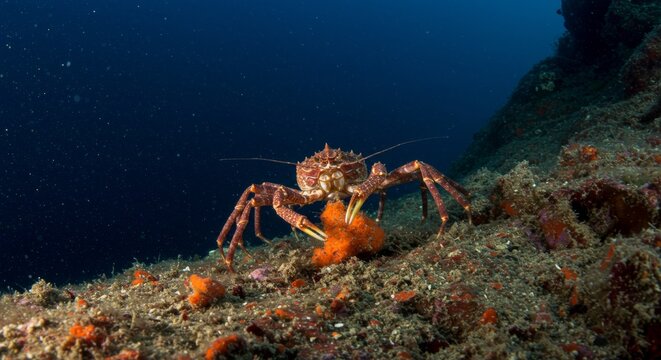 Majestic spiny spider crab feasting amidst vibrant sea bed environment