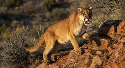 Obraz premium Mountain Lion on a Rocky Cliff, Majestic Predator in its Natural Habitat