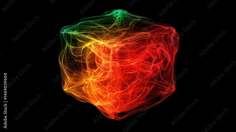 Poster a 3d rendering of a cube-shaped object with a glowing, abstract pattern of red, orange, yellow, gree