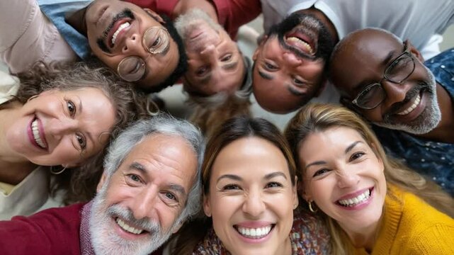 Diverse Group Selfie: A diverse group of smiling people of different ages and ethnicities huddle together for a cheerful selfie, showcasing unity and togetherness.