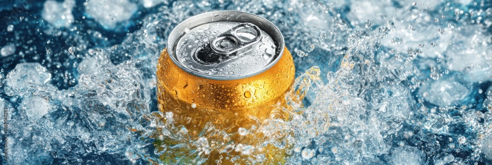 Poster refreshing canned drink surrounded by ice and droplets in a vibrant setting on a warm day generative