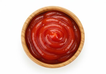 Swirled Tomato Ketchup in Wooden Bowl Isolated on White Background