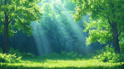 Fototapeta premium Serene forest scene with vibrant green trees and soft sunlight filtering through leaves creates peaceful atmosphere