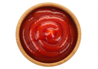 Swirled Tomato Ketchup in Wooden Bowl Top View Isolated on White Background
