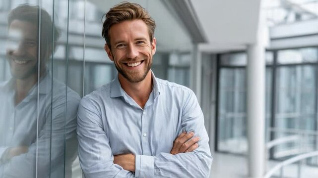 Confident Professional Portrait: A handsome man with a warm, inviting smile poses confidently in a modern, well-lit office environment. Reflecting the poise and charisma