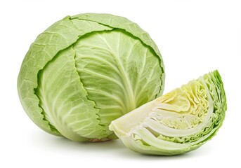 Obraz premium Fresh Green Cabbage with a Sliced Wedge Isolated on White Background