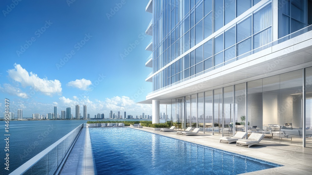 Poster modern architectural rendering of a rooftop pool overlooking a city.