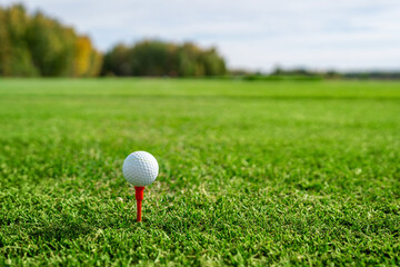 Golf Ball Positioned on a Tee, All Set for a Shot in a Beautiful Lush Green Field