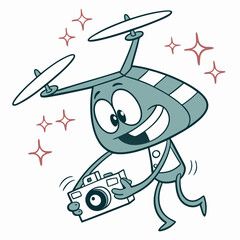 Cartoon drone icon carrying camera with smiling expression and sparkles